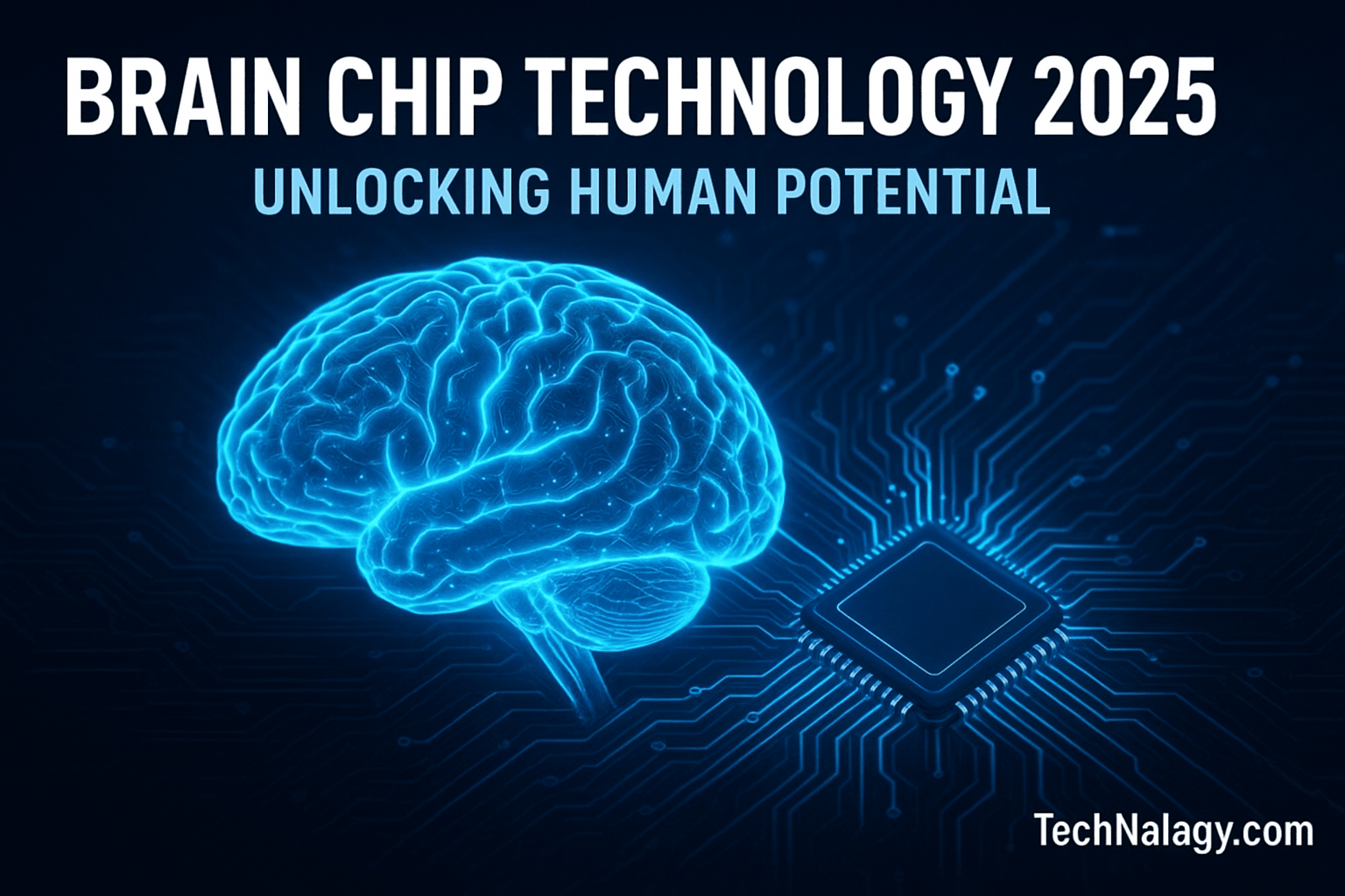 Futuristic illustration of Brain Chip Technology 2025 showing human brain with neural circuits and AI integration