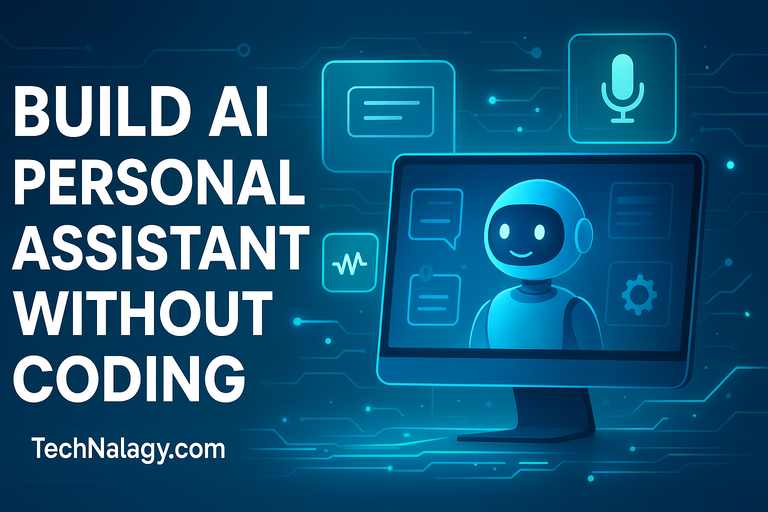 Futuristic illustration showing how to build AI personal assistant without coding in 2025 with modern no-code tools.