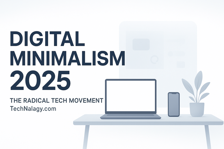 A minimalist digital workspace symbolizing Digital Minimalism 2025 with a clean desk setup, laptop, and smartphone — TechNalagy.com