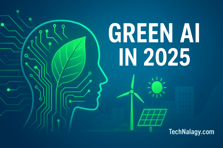 Green AI in 2025 digital illustration showing eco-friendly technology and sustainable artificial intelligence