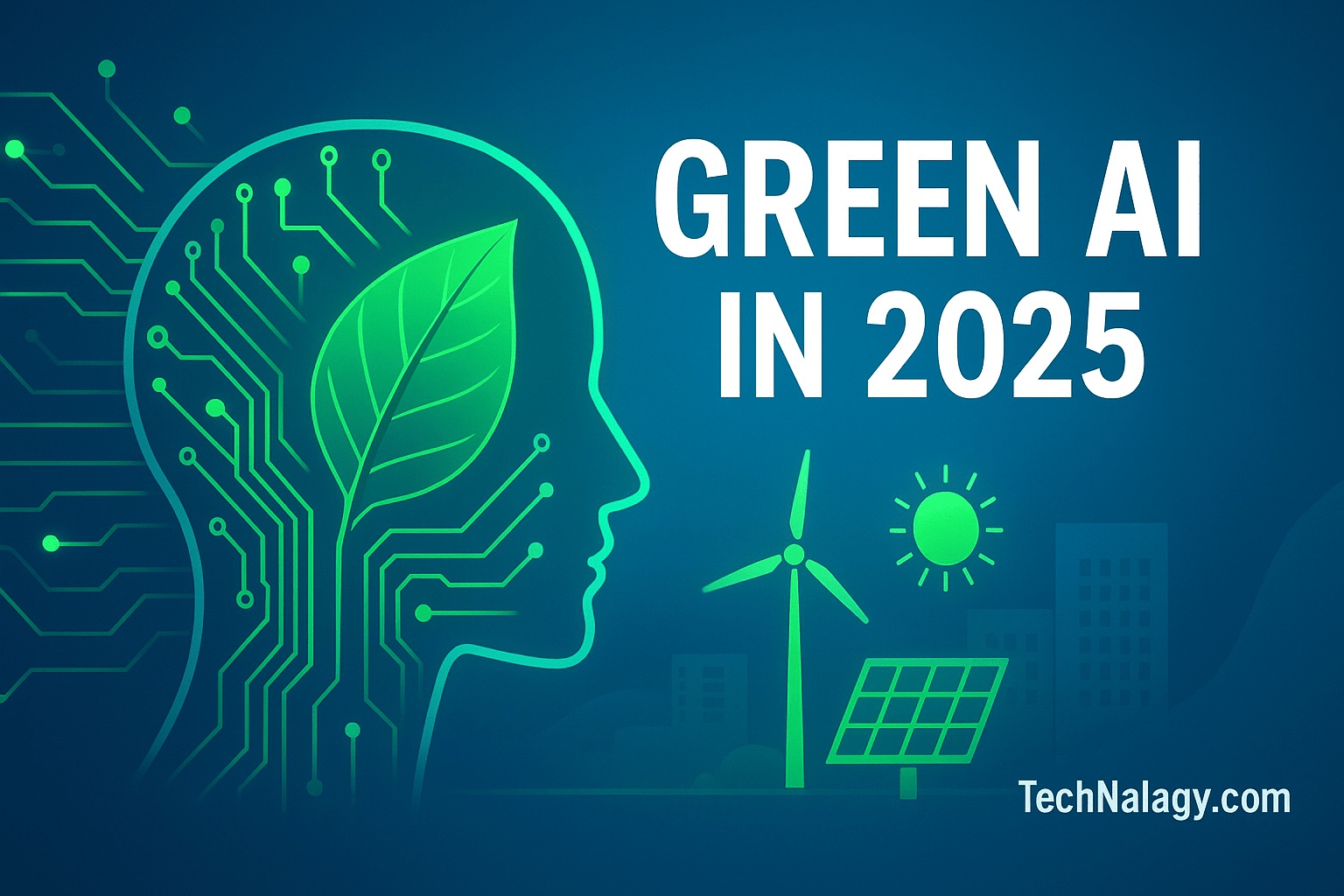 Green AI in 2025 digital illustration showing eco-friendly technology and sustainable artificial intelligence