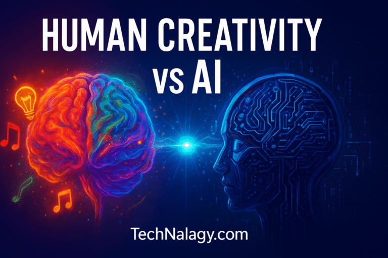 Human Creativity vs AI concept showing human brain and artificial intelligence connection