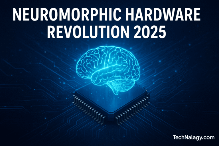 Futuristic illustration of Neuromorphic Hardware chip with glowing brain design and digital circuits