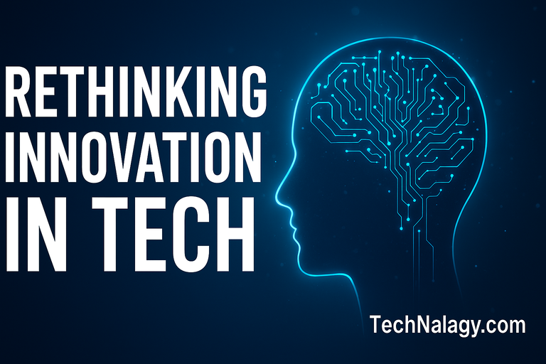 Illustration representing Rethinking Innovation in Tech with a digital human head and glowing circuit brain