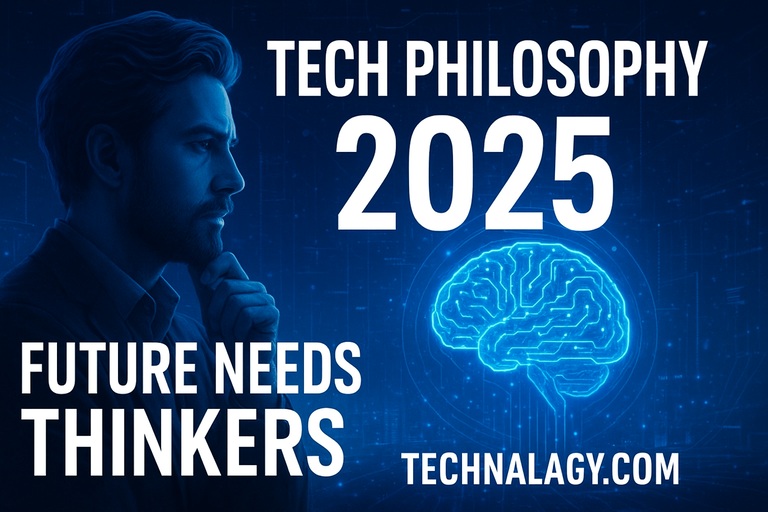 A futuristic digital image showing a philosopher thinking beside a glowing AI brain, symbolizing Tech Philosophy in 2025.