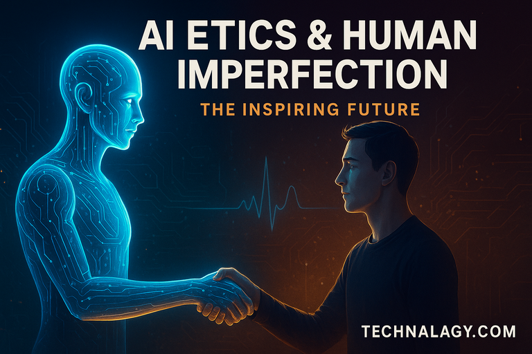A human and AI shaking hands representing AI ethics and human imperfection in technology collaboration.